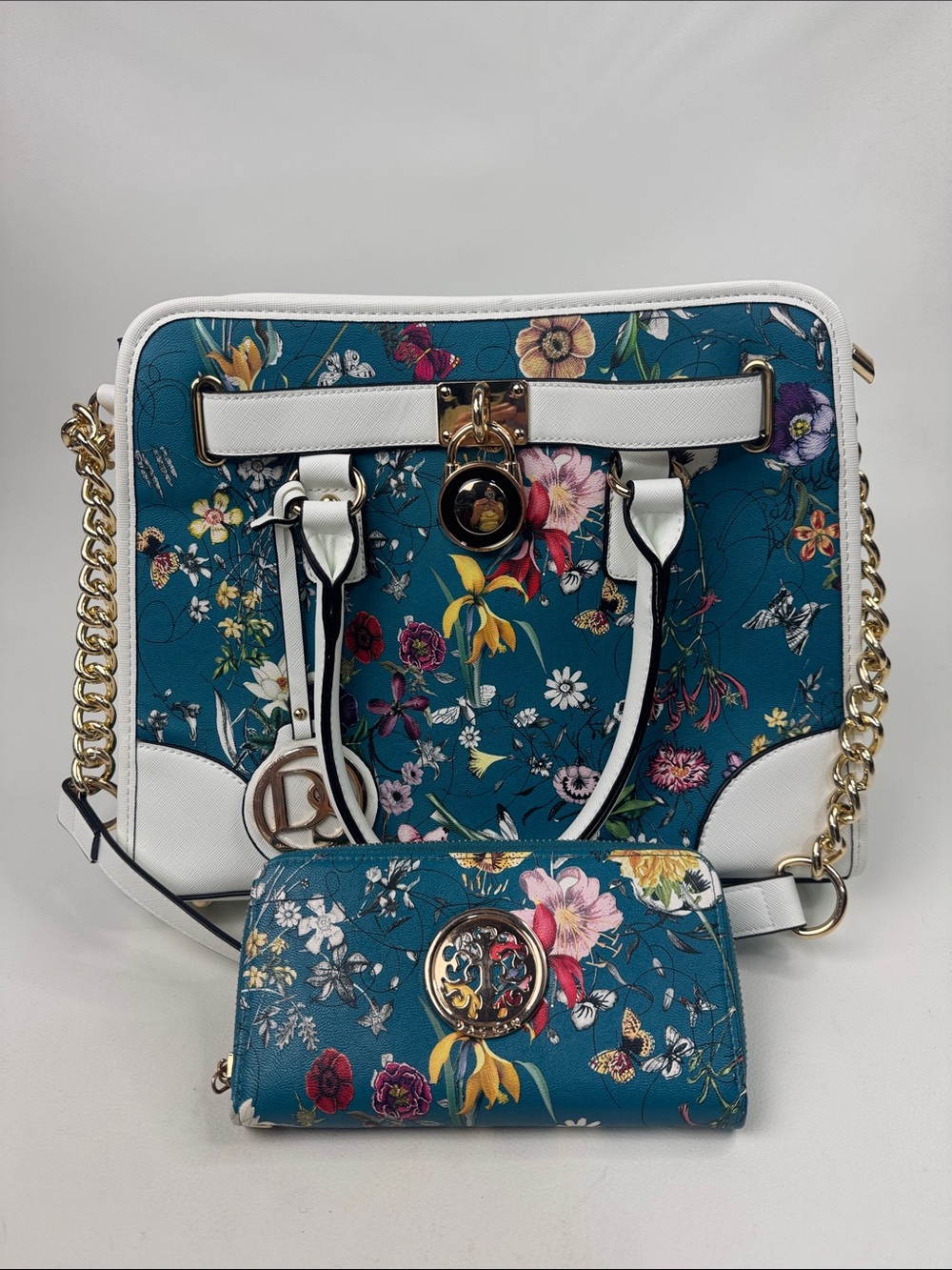 Dasein Teal Floral Tote satchel & Matching Wallet gold accents chain NEW
